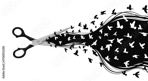 Illustration of scissors cutting hair on National Hair Day, with black and white birds flying out, against a clean white background.