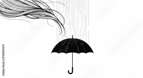 Illustration of a black umbrella on a rainy day with windy hair-like strands blowing in the air against a white background.