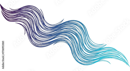 Illustration of wavy blue and purple hair strands on a white background, symbolizing National hair Day with a creative and artistic style.