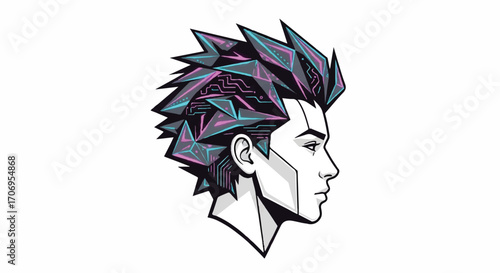 Illustration of a young man's head with vibrant, multicolored hair styled in a spiky fashion for National Hair Day against a clean white background.