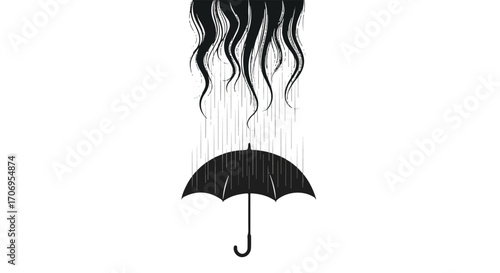 Illustration of a black umbrella with wavy lines and rain drops on a white background, conveying a sense of protection on National hair Day.