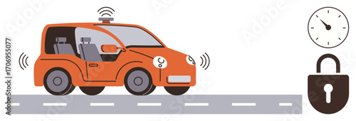 Automated vehicle moving on the road with wireless signals, clock showing time, and a lock icon symbolizing cybersecurity. Ideal for technology, innovation, transportation, security, automation