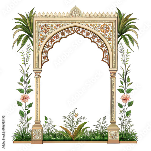 Ornate Indian archway with intricate floral and botanical elements, isolated on a transparent background.