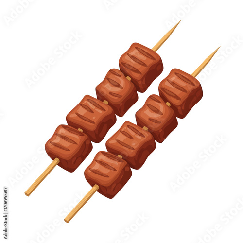 Two skewers of grilled meat cubes, seasoned and cooked to perfection on wooden sticks, ready to be enjoyed as a delicious meal or appetizer