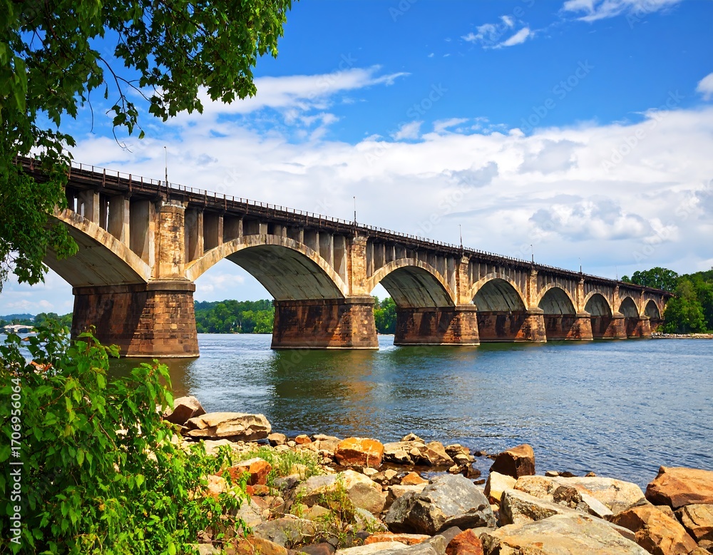 Fototapeta premium Bridge over river with trees and clouds