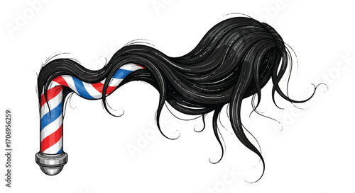 Illustration of long black hair wrapped around a red, white, and blue barber pole on a clean white background, celebrating National hair Day with a playful and creative mood.