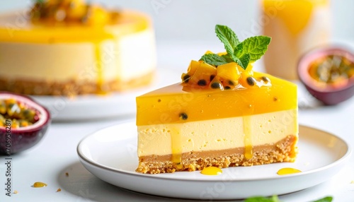 An exotic and delicate piece of mango passionfruit mousse cake bursting with golden