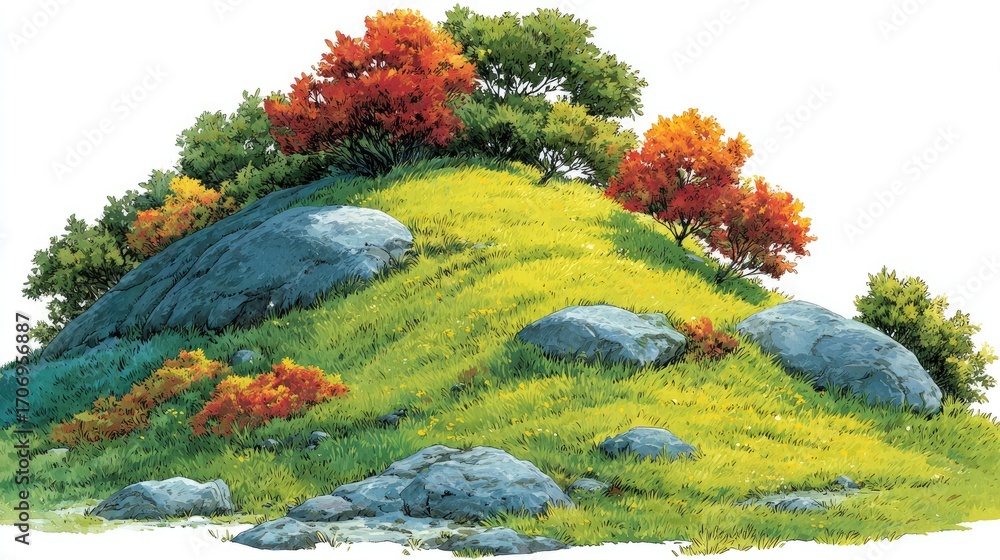 Obraz premium Grassy Hill with Colorful Trees and Rocks