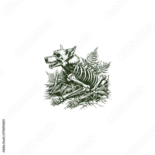 Detailed vintage engraving illustration of a dog or wolf skeleton resting among fern leaves in the forest. Concept for dark fantasy, horror, nature, and anatomy art