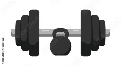 a barbell with weights and a kettlebell beside it
