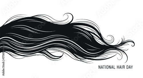 Illustration of flowing black hair on a white background with text reading 'National Hair Day'.