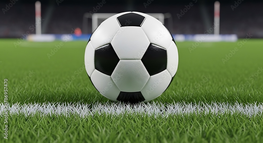 Fototapeta premium Classic Soccer Ball on Green Grass Field with Stadium Background