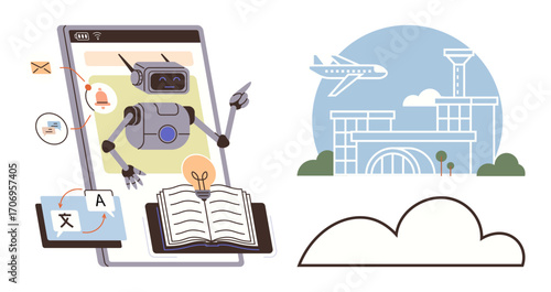 Robot on tablet translating text, open book, light bulb, travel icons with airport scene. Ideal for language learning, AI solutions, travel, innovation, education technology simple flat metaphor