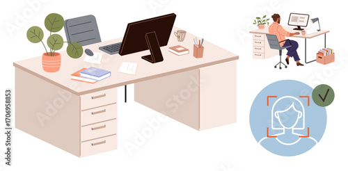 Modern desk setup with computer, chair, plants, and supplies. Side scenes show remote working and facial recognition checked as verified. Ideal for technology, remote work, security, productivity