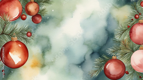 Watercolour Christmas painting  with fir tree branches decorated with red Christmas balls