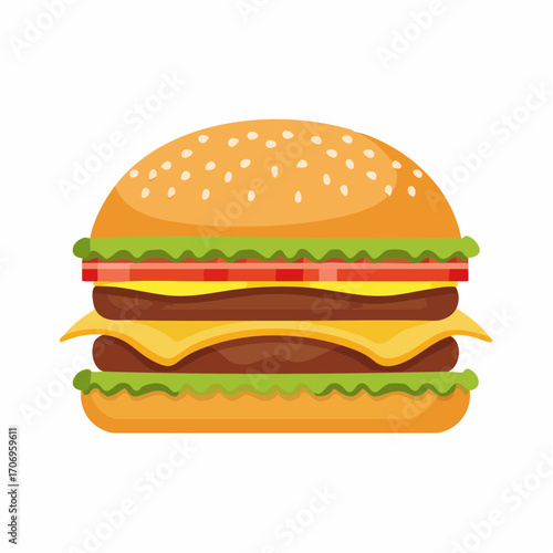 Big tasty double hamburger with cheese, meat patties, and fresh vegetables isolated on a white background