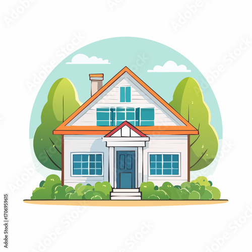 Charming suburban family house with an orange roof and blue door, isolated vector illustration for real estate concepts
