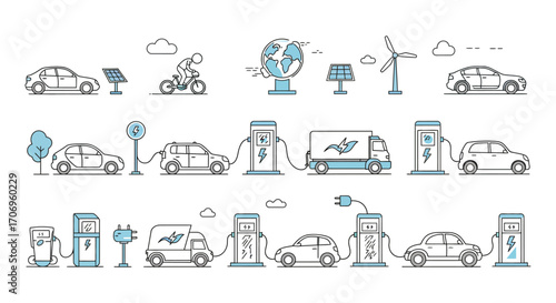 electric cars charging stations renewable energy icons