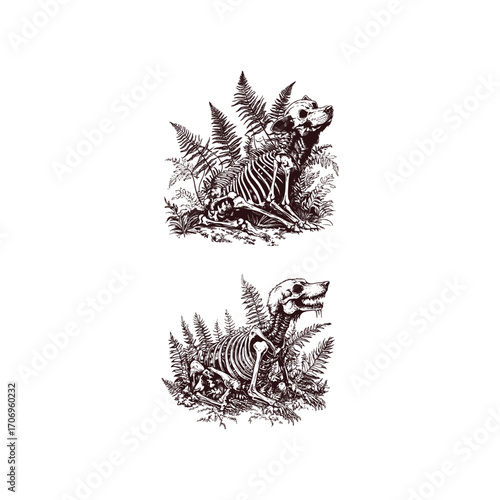 Detailed vintage engraving illustration of a dog or wolf skeleton resting among fern leaves in the forest. Concept for dark fantasy, horror, nature, and anatomy art