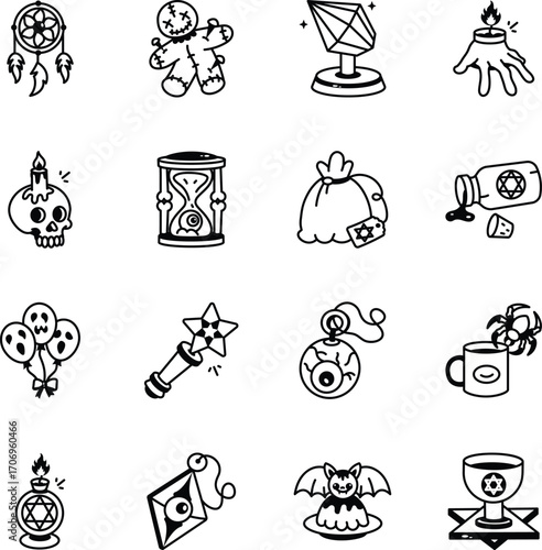 Set of Witchcraft Doodle Style Icons 
