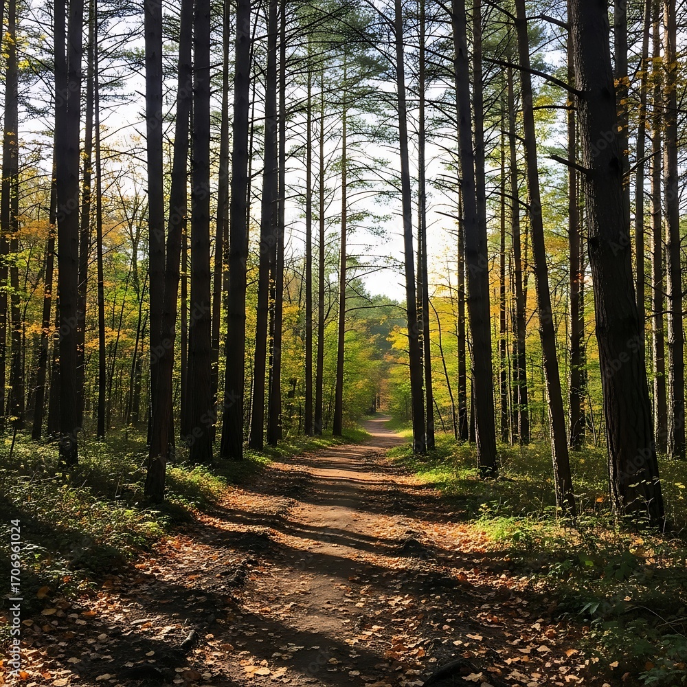 Obraz premium Sunlight streams through a pathway in a dense autumn forest, dappling the ground with shadows.