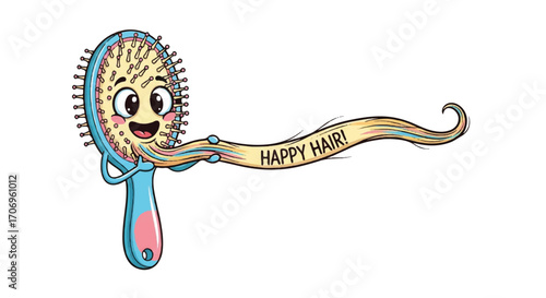 Cartoon hairbrush with a smiling face and a 'HAPPY HAIR' banner on a plain white background for National hair Day.