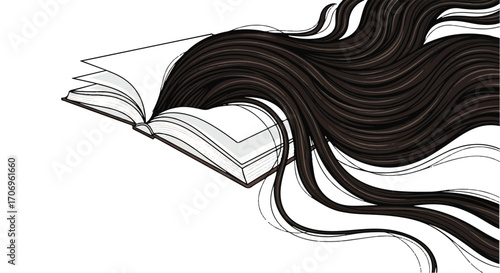 Illustration of an open book with long, flowing dark hair emerging from the pages on a clean white background, symbolizing National hair Day.