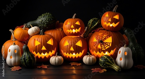 A collection of carved pumpkins and gourds, illuminated from within, arranged on a dark wooden surface, creating a festive Halloween display.