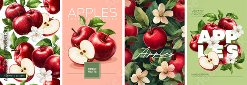 Hand drawn set of designs and patterns. Vectorized gouache illustrations. Illustrations of red apples with flowers and leaves for poster, prints, menu, card or textile