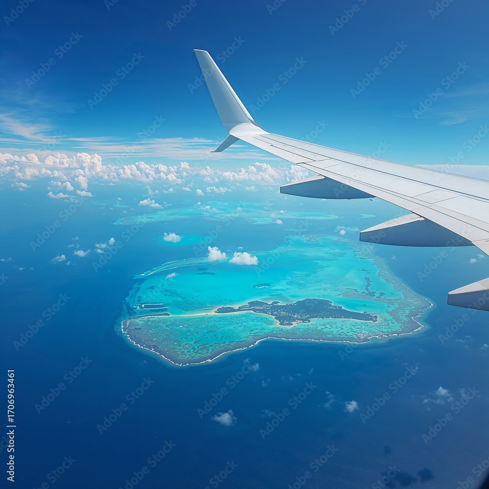 Obraz premium Epic Passenger Jet Flying above Tropical Islands and Turquoise Ocean