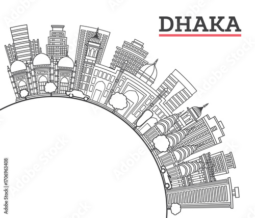 Outline Dhaka Bangladesh City Skyline with Historic Buildings and copy space Isolated on White. Illustration. Dhaka Cityscape with Landmarks.