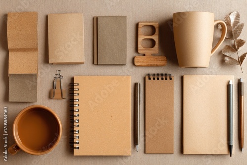 Top view of various stationery items and cups of coffee on a textured surface, creating a cozy and organized workspace aesthetic