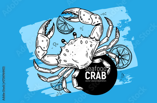 An illustration of a Crab with vibrant Citrus Elements, creating a lively, colorful scene. Hand drawing sketch.