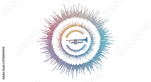 Vibrant circular logo with a trumpet icon in the center, surrounded by colorful radial lines on a white background, symbolizing International music Day with a lively and celebratory mood.