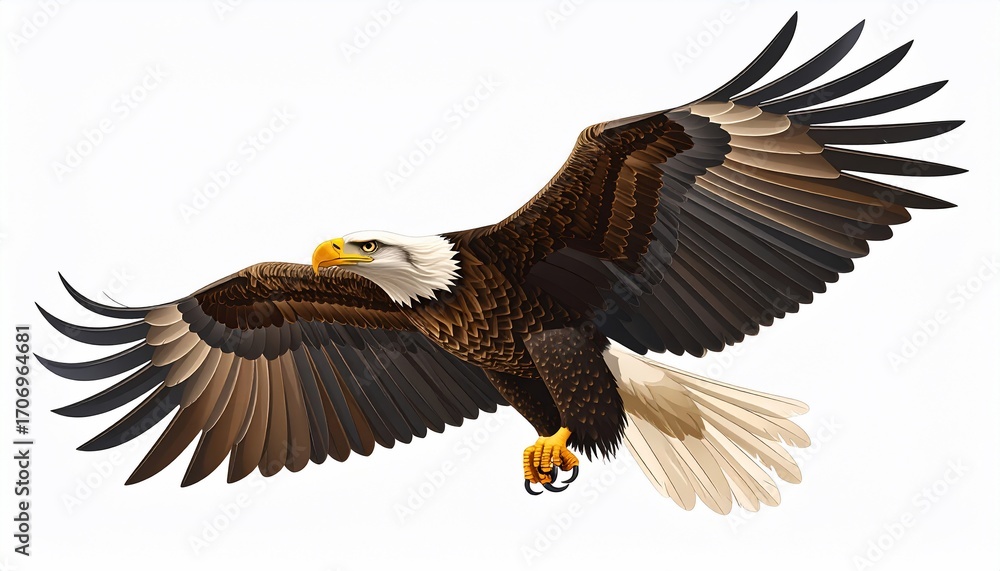 Obraz premium Majestic Bald Eagle in Flight Against a Clean White Background