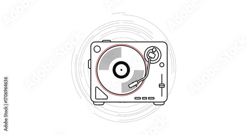 A minimalist line drawing of a vinyl record player on a white background with gray sound waves, celebrating International music Day.