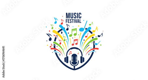 Vibrant logo for International Music Day featuring a microphone and headphones with colorful musical notes and symbols on a white background with a lively feel.