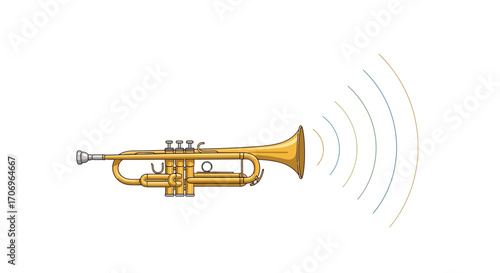 Illustration of a shiny trumpet with sound waves emanating from it on a white background, symbolizing International music Day.