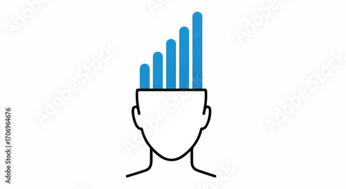Simple line drawing of a human head with blue ascending bars emerging from the top, symbolizing National Hair Day and growth, on a white background with a clean and minimalist style.