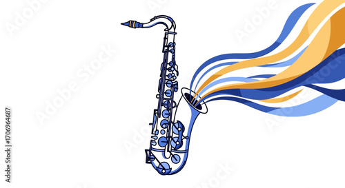 A stylized illustration of a saxophone with flowing blue, yellow, and white musical notes on a clean white background, celebrating International music Day with a vibrant and dynamic mood.