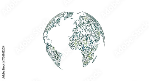 A stylized illustration of the Earth composed of small musical notes on a white background, celebrating International music Day with a vibrant and creative mood.