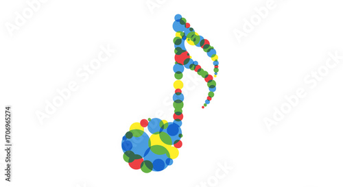 Colorful musical note made of multicolored circles on a white background, celebrating International music Day with a vibrant and playful mood.