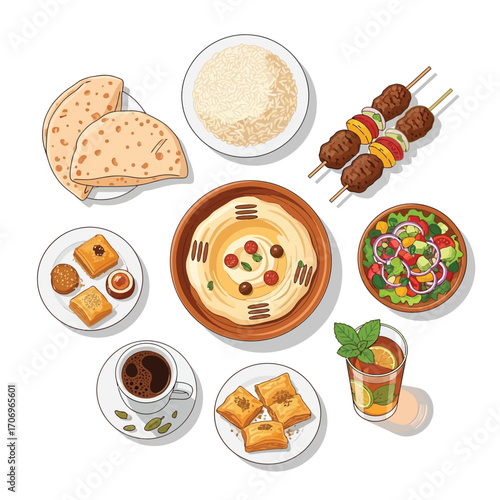 Illustrated collection of classic Middle Eastern cuisine, featuring hummus, kebabs, pita bread, salad, baklava, and beverages.
