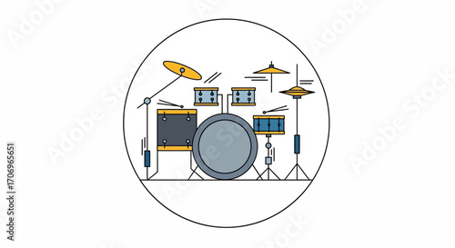 A minimalist illustration of a drum set in a circle with gray, yellow and blue tones, symbolizing International music Day with a simple graphic design.
