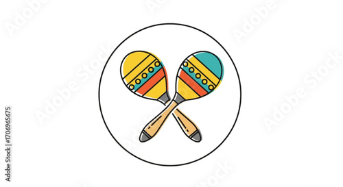 A colorful illustration of two maracas crossed over each other in a circle, celebrating International music Day with vibrant hues and playful design.