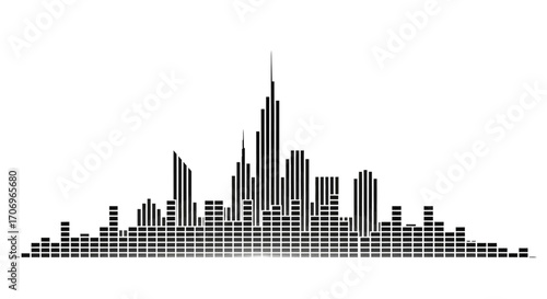 A grayscale cityscape silhouette made of musical notes on a white background, celebrating International music Day with a modern and creative vibe.