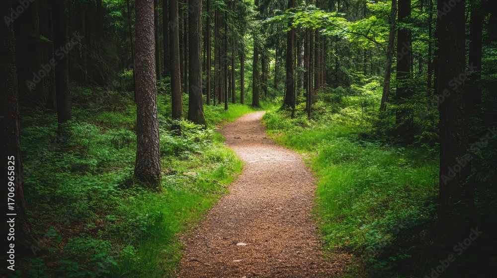 Obraz premium A path through a forest with trees on both sides