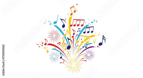 Vibrant musical notes and fireworks explode in a colorful, celebratory composition for International music Day against a clean white background.