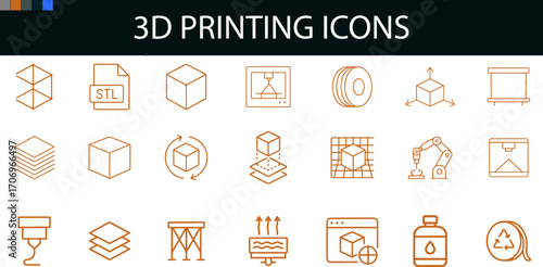 “3D Printing Icons in Orange Line Art: Modular Tech Pack for UI, Maker Branding & Digital Manufacturing”