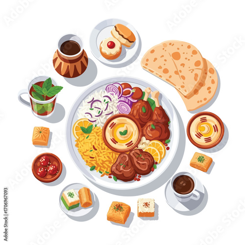 Vibrant Middle Eastern feast illustration from above, showcasing diverse traditional dishes grilled meats, fragrant rice, hummus, flatbread, sweet pastries, and drinks